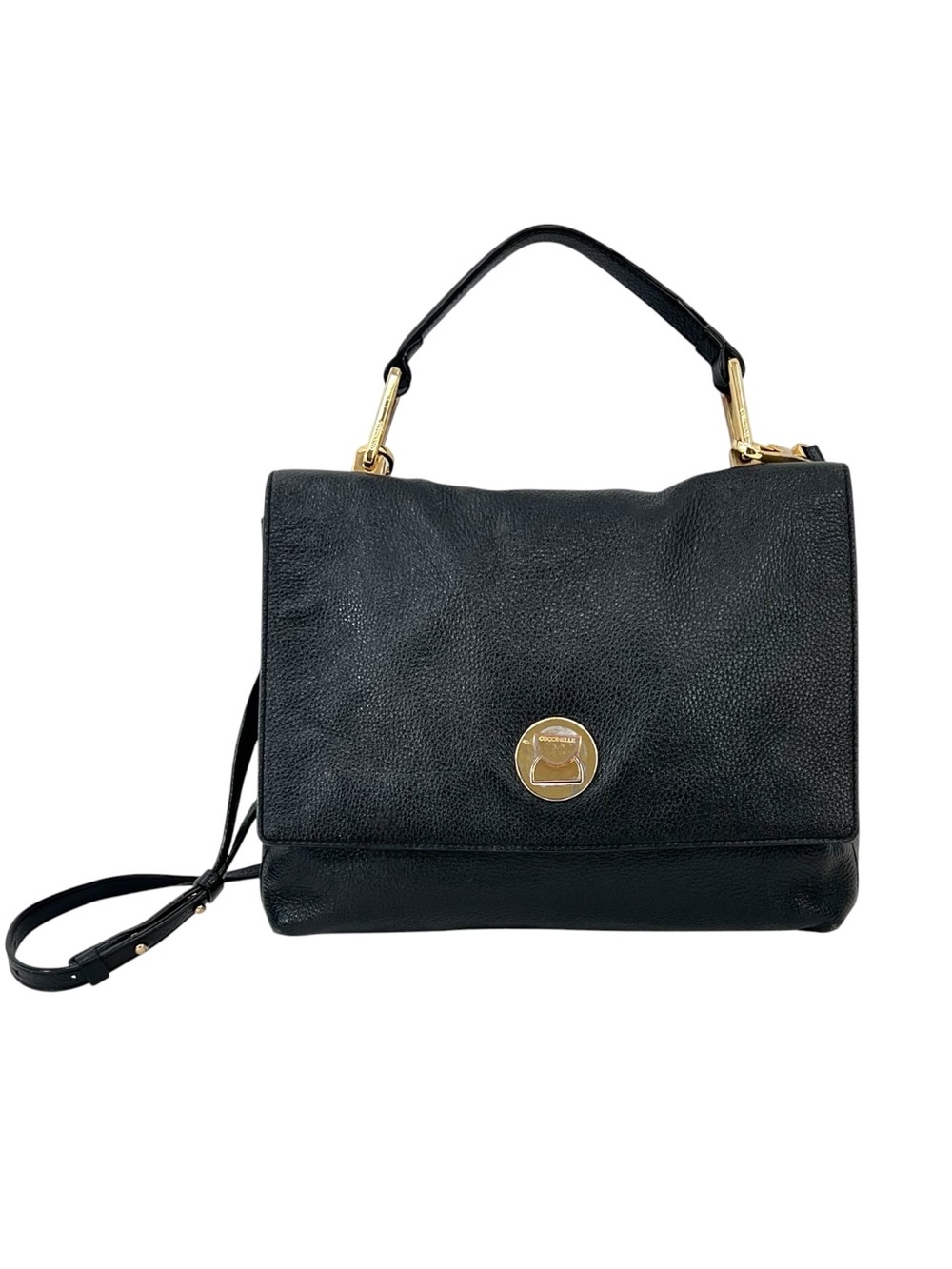 Coccinelle Liya Medium Black Bag - Black Pebble Leather Gold Hardware Crossbody